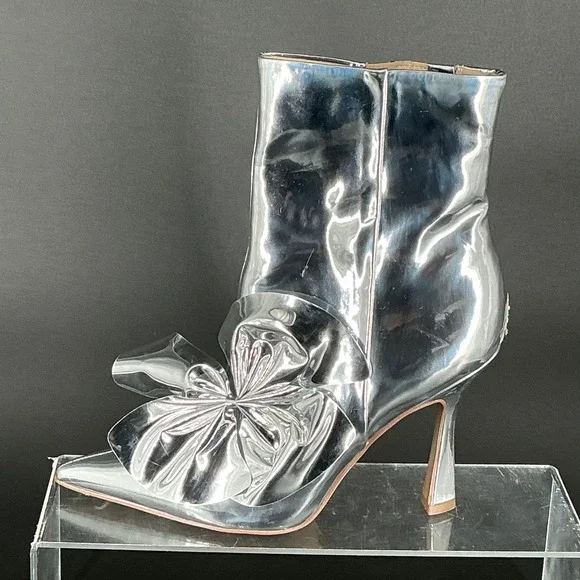 Sam Edelman Size 8 Silver Metallic Pointed Esmae Ankle Bootie Bow Stiletto Boots